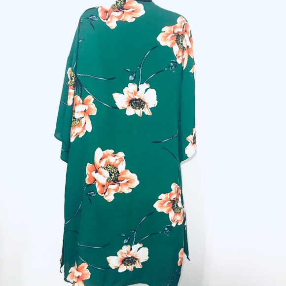 Fall Kimono Floral Print Cardigan Cover Up Emerald - Picture 3 of 5